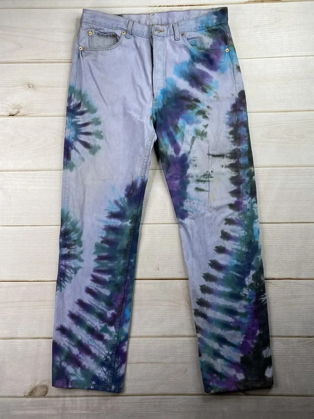 Vtg Levi’s 501 Jeans USA Made 38x34 UPCYCLED Tie Dye Distressed Button Fly 80 90